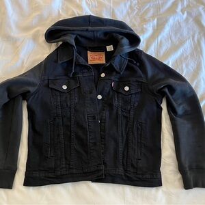 Levi's Black Denim Trucker Jacket with Hoodie Sleeves and Hood